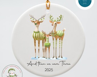First Christmas As A Family of Three Reindeer Ornament | Peculiar Green Reindeer Family | Cute Holiday Family Ornament