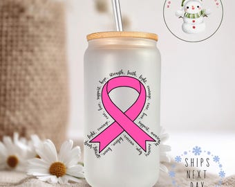 Breast Cancer Warrior Glass Tumbler Cup | Survivor Iced Coffee Cup | 16 oz/20 oz | Gifts for Her