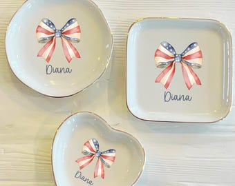 Personalized American Flag Bow Ring Trinket Dish | Americana Ring Dish | Girly Jewelry Dish | Wedding Favor Gift