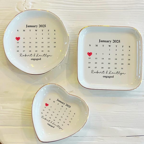 Personalized Engagement Date Ceramic Ring Dish: Custom Jewelry Gift