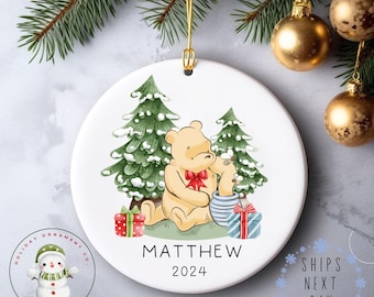 Classic Bear Personalized Name Christmas Ornament | Cute Kids Glass or Ceramic Holiday Ornament | Keepsake Gift