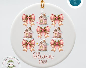 Personalized Gingerbread Grid Girls Christmas Ornament | Pink Bows Holiday Ornament | Custom Ceramic Ornament Gift