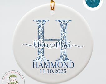 Personalized Blue Toile Couple Date Ornament 2025: Wedding Gift