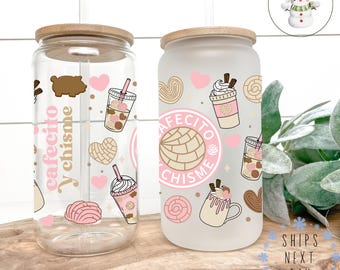 Cafecito Y Chisme Glass Libbey Cup | Coffee and Gossip Iced Coffee Cup | 16 oz/20 oz | Party Favors | Gift for Her