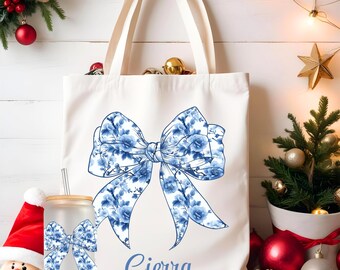 Coquette Toile Blue Bow Christmas Tote Bag and Frosted 16oz Libbey Glass Cup, Personalized Large Tote Gift Bag, Ice Coffee Cup Lid and Straw