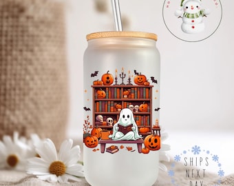 Ghost Reader Glass Tumbler Cup | Halloween Library Iced Coffee Cup | 16 oz/20 oz | Cute Bookish Reader Cup | Gifts for Her