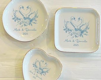 Personalized Blue Toile Swans Ring Dish: Chinoiserie Jewelry Trinket Dish