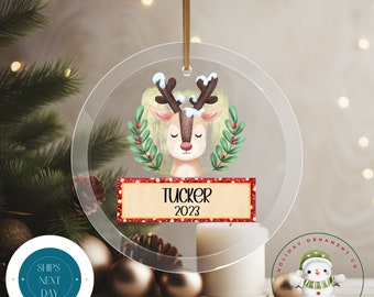 Reindeer Personalized Christmas Ornament | Boy Name Ornament | New Baby | Personalized Baby Gift | Glass or Ceramic Ornament