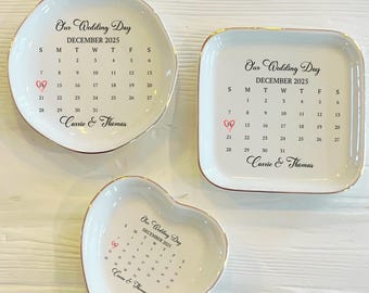 Personalized Our Wedding Day Calendar Ring Dish | Custom Ceramic Wedding Date Ring Dish | Jewelry Dish | Wedding Engagement Gift
