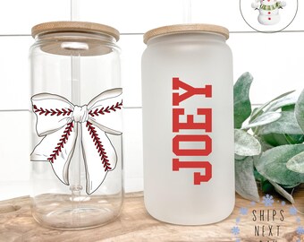Coquette Baseball Bow Personalized Glass Tumbler Cup | Baseball Mom Player Name Iced Coffee Cup | 16 oz/20 oz | Sports Mom Cup