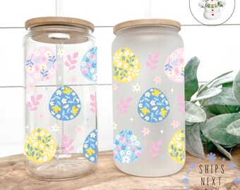 Pastel Easter Eggs Easter Glass Libbey Cup | Floral Easter Iced Coffee Cup | 16 oz/20 oz | Party Favors | Gift for Her