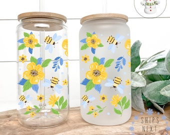 Flowers and Bumblebees Glass Tumbler Cup | Summer Hostess Gift Iced Coffee  | 16 oz/20 oz | Gift for Her | Party Favors
