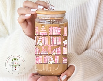 Coquette Bookshelf Glass Tumbler | Custom Reading Girly Iced Coffee Cup | 20 oz | Bookclub | Book Lovers