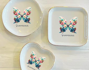 Personalized Floral Butterfly Name Ring Dish | Custom Ceramic Name Ring Dish | Jewelry Dish | Gift For Her