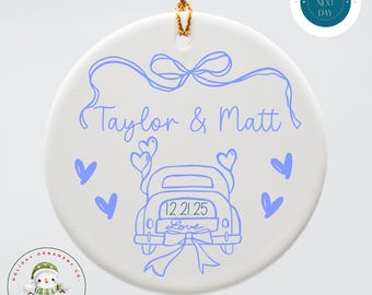 Personalized First Christmas Married Ornament: Just Married Car, Bride & Groom Gift