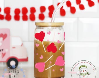 Heart Lollipops Valentine Libbey Glass Tumbler | Girlfriend Wife Gift Girly Iced Coffee Cup | 16 oz or 20 oz | Bookclub Cup | Party Favors