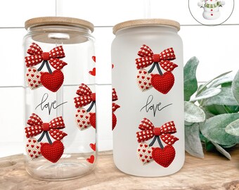 Cherry Hearts Valentine Libbey Glass Tumbler: Iced Coffee Cup (16 oz or 20 oz)