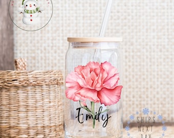 Personalized Birth Flower Glass Tumbler Watercolor | Custom Birth Flower Iced Coffee Cup | 16 oz/20 oz | Gifts for Her | Mom Gift | Favors