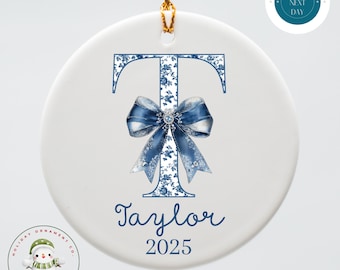 Blue Toile Initial Christmas Ornament: Custom Ceramic Gift
