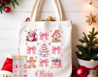 Coquette Gingerbread Tote Bag and Frosted 16 oz Libbey Glass Cup, Personalized Large Tote Gift Bag, Ice Coffee Cup with Lid and Straw