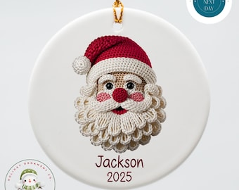 Personalized Faux Yarn Cute Santa Ceramic Holiday Ornament | Kids Name Christmas Ornament