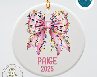 Personalized Pink Bow Christmas Ornament with Lights