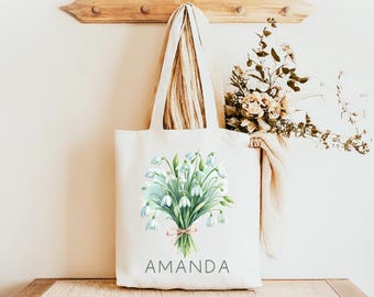 Birth Month Flower Personalized Canvas Tote Bag | Custom Womens Tote Gift Bag | Gift for Bridesmaid Mom Girlfriend