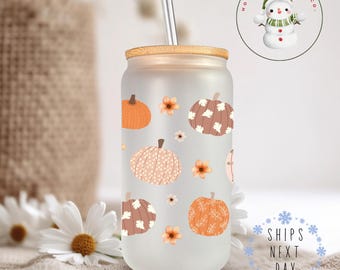 Watercolor Pumpkin Patterns Glass Tumbler Cup | Fall Thanksgiving Iced Coffee Cup | 16 oz/20 oz | Cute Libbey Cup | Gifts for Her