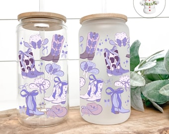 Coquette Cowgirl Purple Glass Tumbler | Custom Boots Cowgirl Hat Girly Iced Coffee Cup | 20 oz | Bookclub | Book Lovers