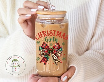 Christmas Girly Glass Tumbler Cup | Coquette Bow Holiday Iced Coffee Cup | 16 oz/20 oz | Gift for Her | Book Club