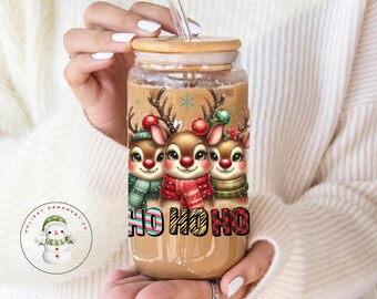 Ho Ho Ho Reindeer Christmas Glass Tumbler Cup | Funny Holiday Iced Coffee Cup | 16 oz/20 oz | Cute Xmas Cup | Gifts for Her