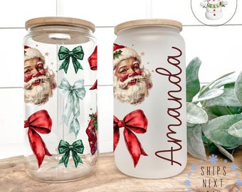 Personalized Santa Bows Christmas Glass Tumbler : Custom Holiday Iced Coffee Cup (16/20 oz)