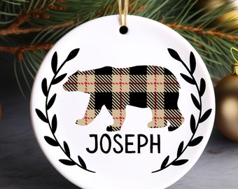 Plaid Bear Personalized Ornament | Name Christmas Tree Ornament | Holiday Gift | Kids Stocking Stuffer | Hunter Farmhouse Ornament