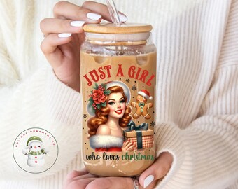 Just a Girl Who Loves Christmas Glass Tumbler Cup | Holiday Iced Coffee Cup | 16 oz/20 oz | Cute Xmas Cup | Gifts for Her