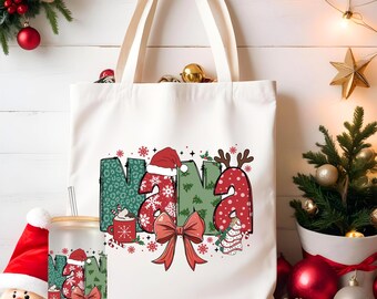 Nana Christmas Tote Bag and Frosted 16 oz Libbey Glass Cup, Large Tote Gift Bag, Ice Coffee Cup with Lid and Straw