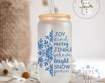 Blue Snowflakes Joy Christmas Glass Tumbler Cup | Pretty Holiday Iced Coffee Cup | 16 oz/20 oz | Cute Xmas Cup | Book Club Gift