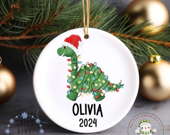 Dinosaur with Lights Personalized Ornament | Dino Name Ornament | Holiday Gift | Kids Stocking Stuffer | Cute Kids Ornament