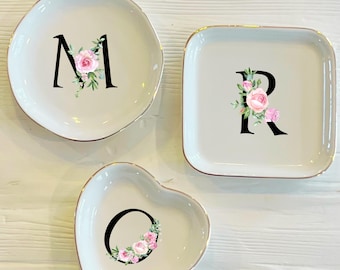 Initial Pink Roses Ring Trinket Dish | Personalized Ring Dish | Custom Initial Girly Jewelry Dish | Gift for Her