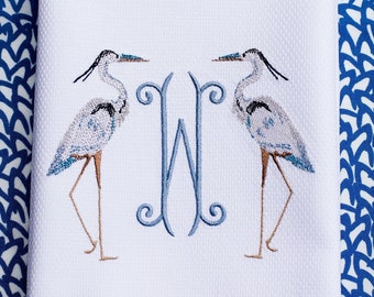 Monogrammed Guest Towel: Embroidered Heron, Coastal Decor