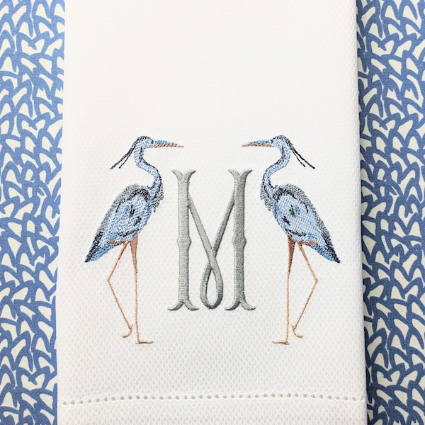 Monogrammed Guest Towel, Personalized Tea Towel, Hostess Gift, Wedding Shower Gift, Bar Cart, Egret, Heron, Blue Heron, Coastal Decor