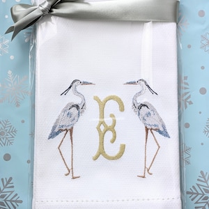 Monogrammed Guest Towel, Personalized Tea Towel, Hostess Gift, Housewarming Gift, Wedding Shower Gift, Bar Cart, Egrets, Blue Heron, Coastal
