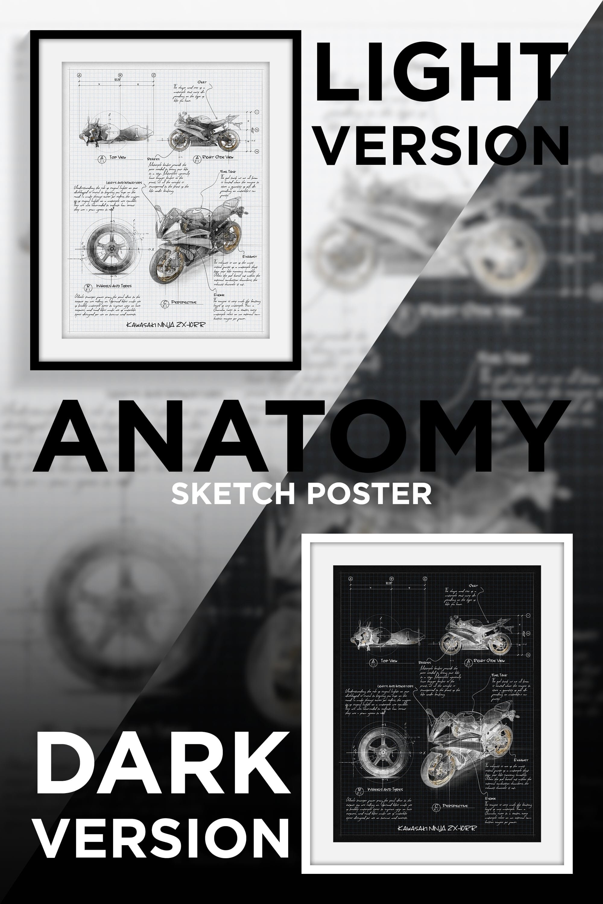 Kawasaki NINJA ZX-10RR Anatomy Poster Sketch, Black and White