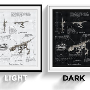 Tyrannosaurus Rex Skeleton Fossil Walking Pose Anatomy Poster Sketch, Black and White Poster, Monochrome, Unique, Collectible, Detailed