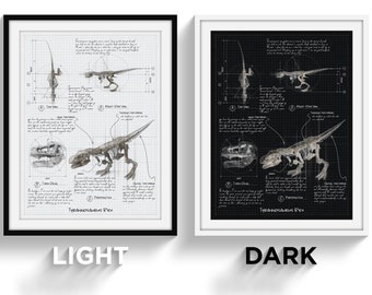Tyrannosaurus Rex Skeleton Fossil Walking Pose Anatomy Poster Sketch, Black and White Poster, Monochrome, Unique, Collectible, Detailed