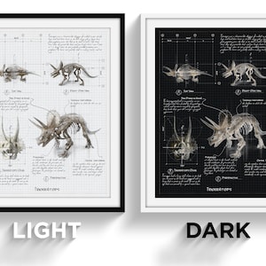 May include: Two illustrations of a Triceratops skeleton on a gridded background. The left image is on a white background with black lines. The right image is on a black background with white lines. Both images include text about the Triceratops.