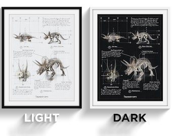 Triceratops Fossil Walking Pose Anatomy Poster Sketch, Black and White Poster, Monochrome, Unique, Collectible, Detailed, Illustration