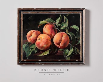 Vintage Peaches Still Life Oil Painting Print: Moody Kitchen Art (Digital Download)