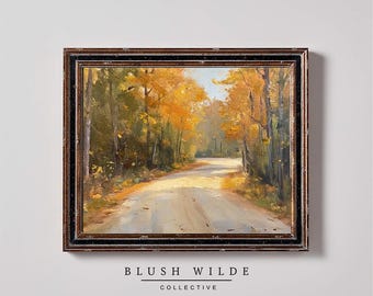 May include: A framed painting of a winding road through a forest in autumn. The trees are a mix of green, yellow, and orange. The road is paved and leads to a clearing in the distance.