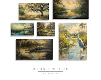 May include: A set of five oil paintings depicting various scenes of nature, including a swamp with an alligator, a heron standing in a pond, a grove of orange trees, a river with a sunset, and a tree with Spanish moss hanging from its branches. The paintings are all in a similar style, with a focus on realism and detail. The paintings are signed by the artist, Blush Wilde.