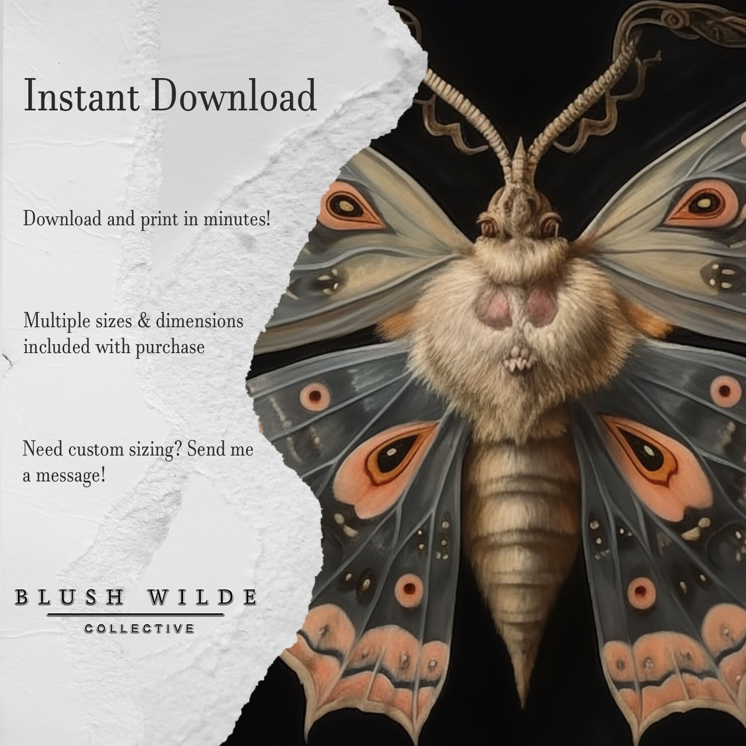Vintage Moth Portrait / PRINTABLE Moody Oil Painting / Moody Printable ...